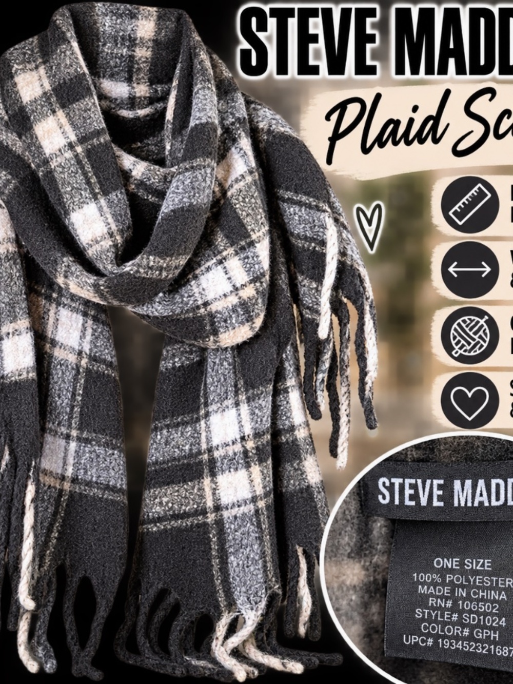 🖤Steve Madden Oversized Plaid Blanket Scarf Extra Long & Cozy 🖤
